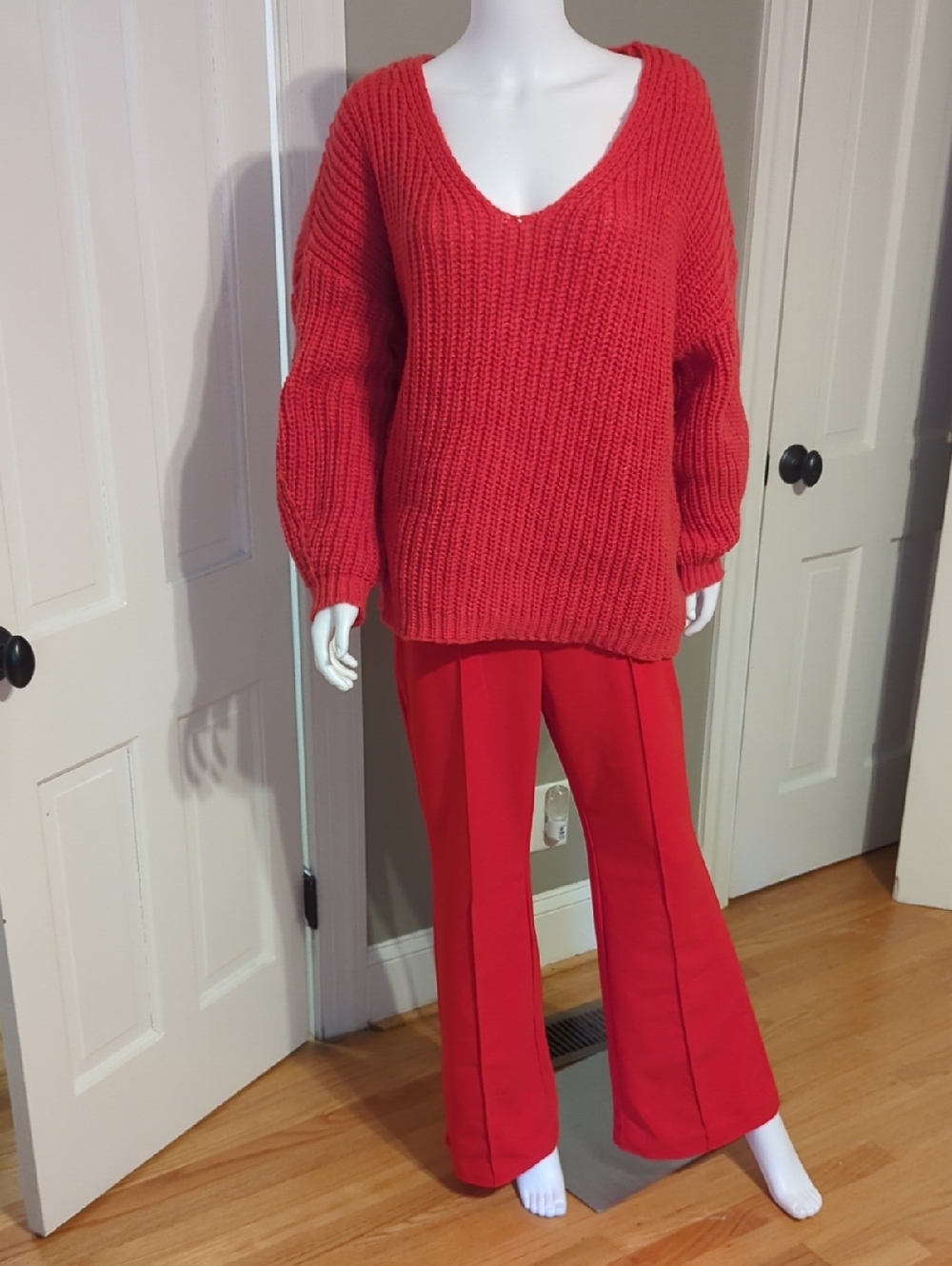 Coral Red V-Neck Knit Sweater & Wide-Leg Pants Set